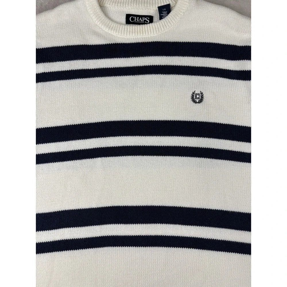 Chaps Mens Cotton Crewneck Sweater Large White Navy Blue Nautical Knit‎ Pullover
